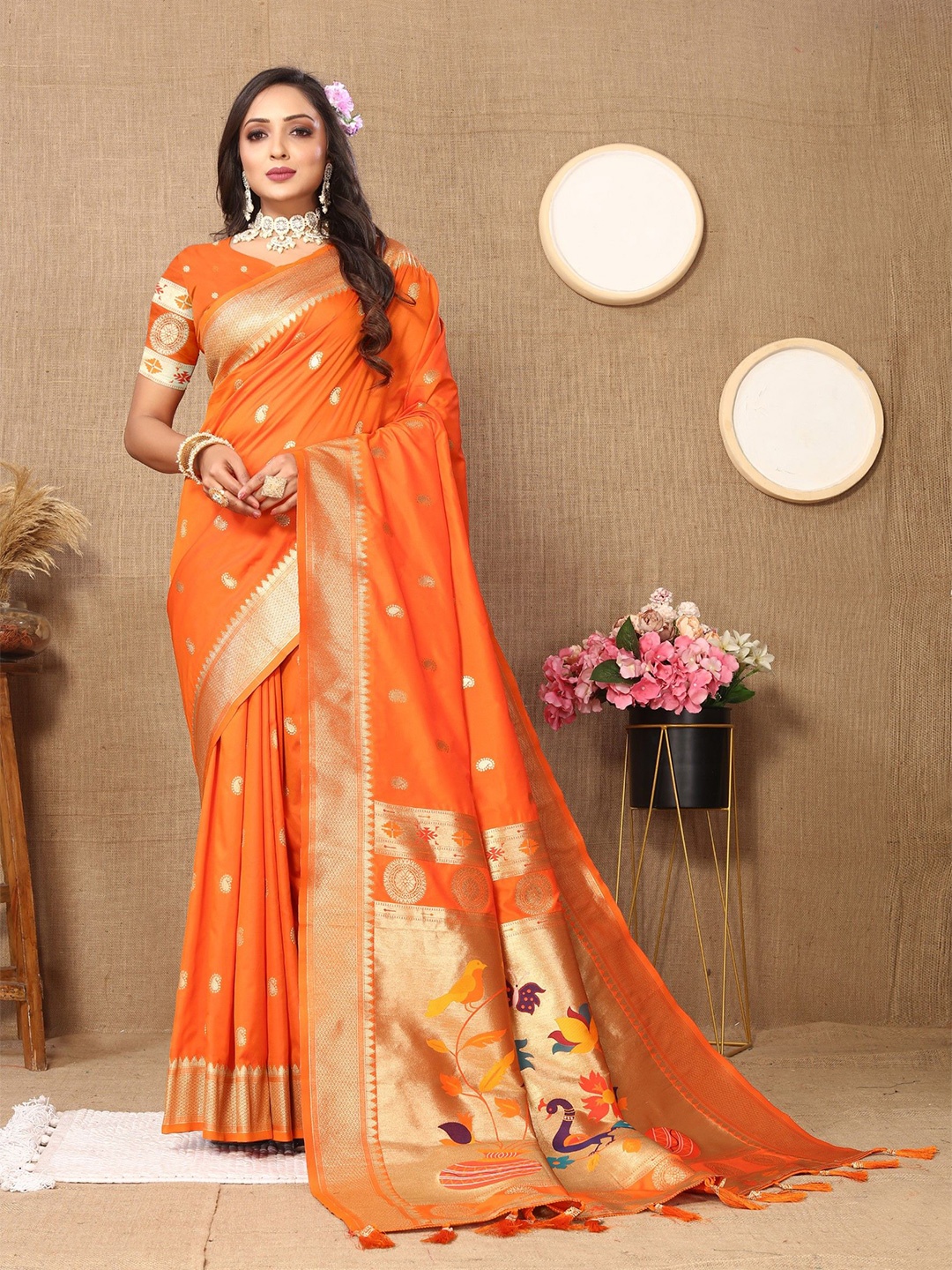 

LeeliPeeri Designer Ethnic Motifs Woven Design Zari Paithani Saree, Orange