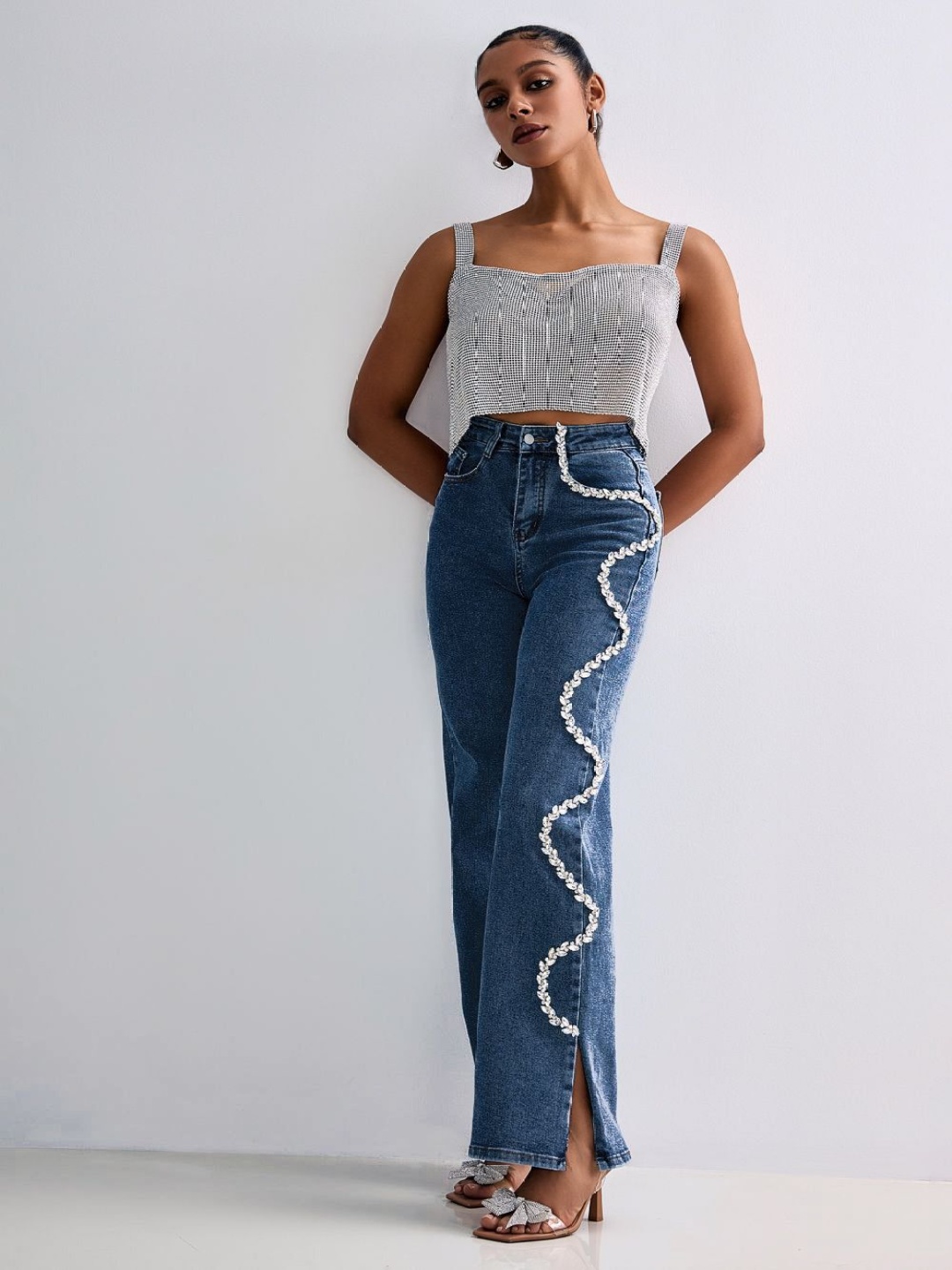 

Wear Your Words Women Wide Leg High-Rise Embellished Jeans, Navy blue