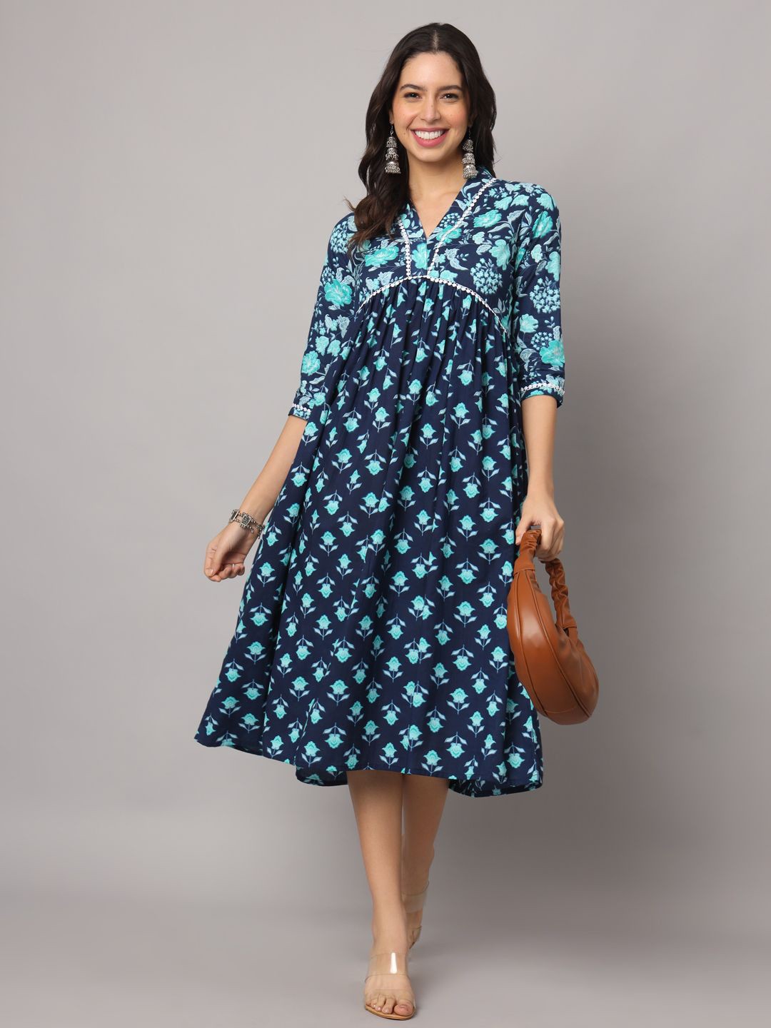 

SUBAGI FASHION Women Floral Printed Cotton Empire Midi Dress, Yellow