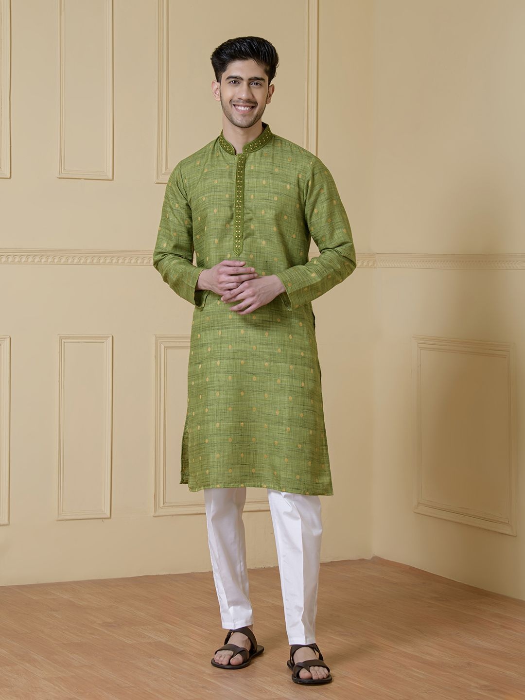 

Satwaa Ethnic Motifs Woven Design Mandarin Collar Thread Work Raw Silk Straight Kurta, Olive