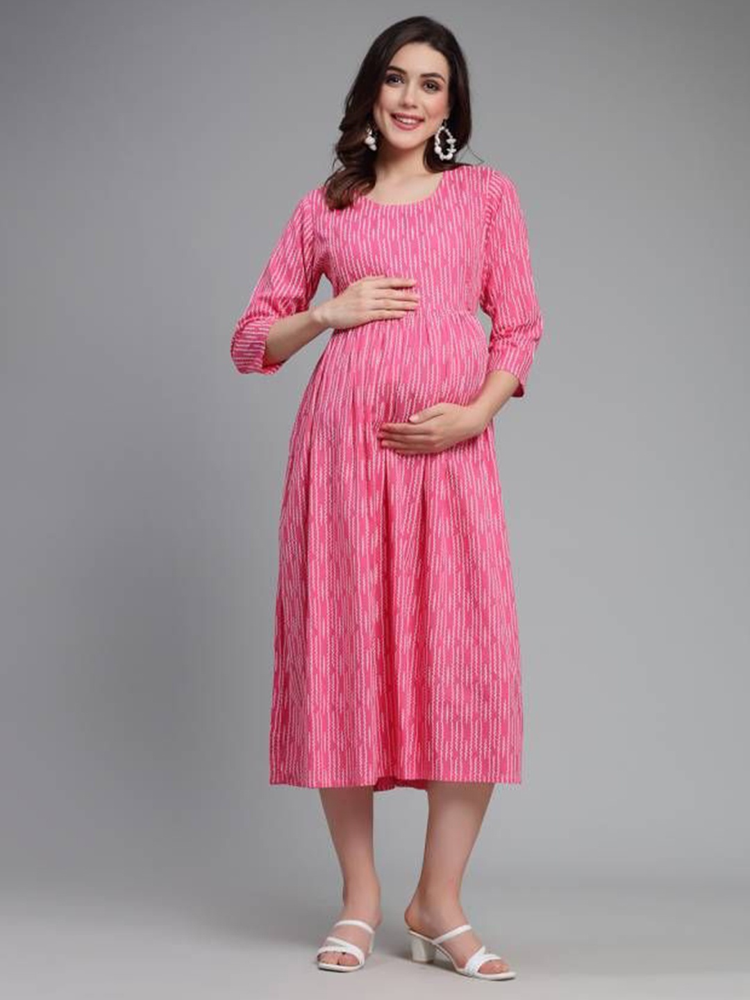 

ClothAura Women Printed Maternity A-Line Midi Dress, Pink