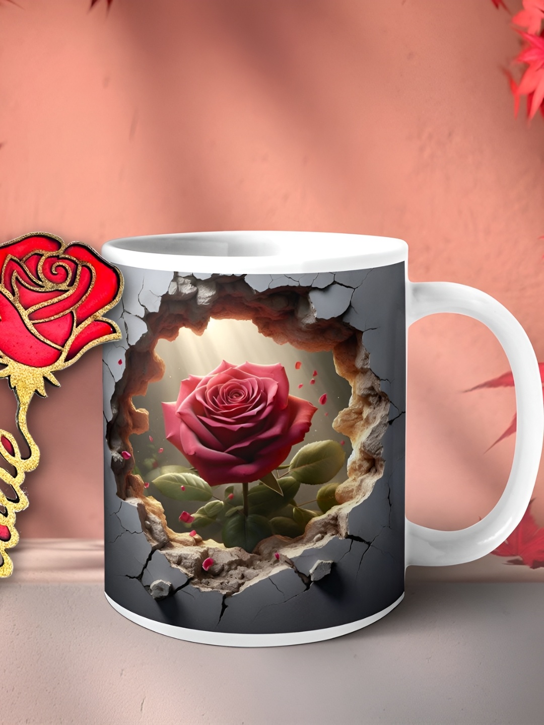 

Phirki Studio White 2 Pieces Printed Ceramic Glossy Mug With Wooden Rose Magnet 350ml