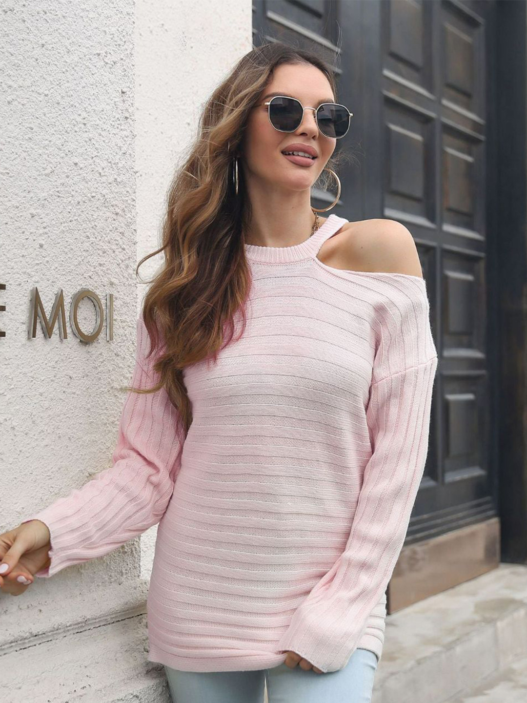 

Oh Rare Striped Cold-Shoulder Top, Pink