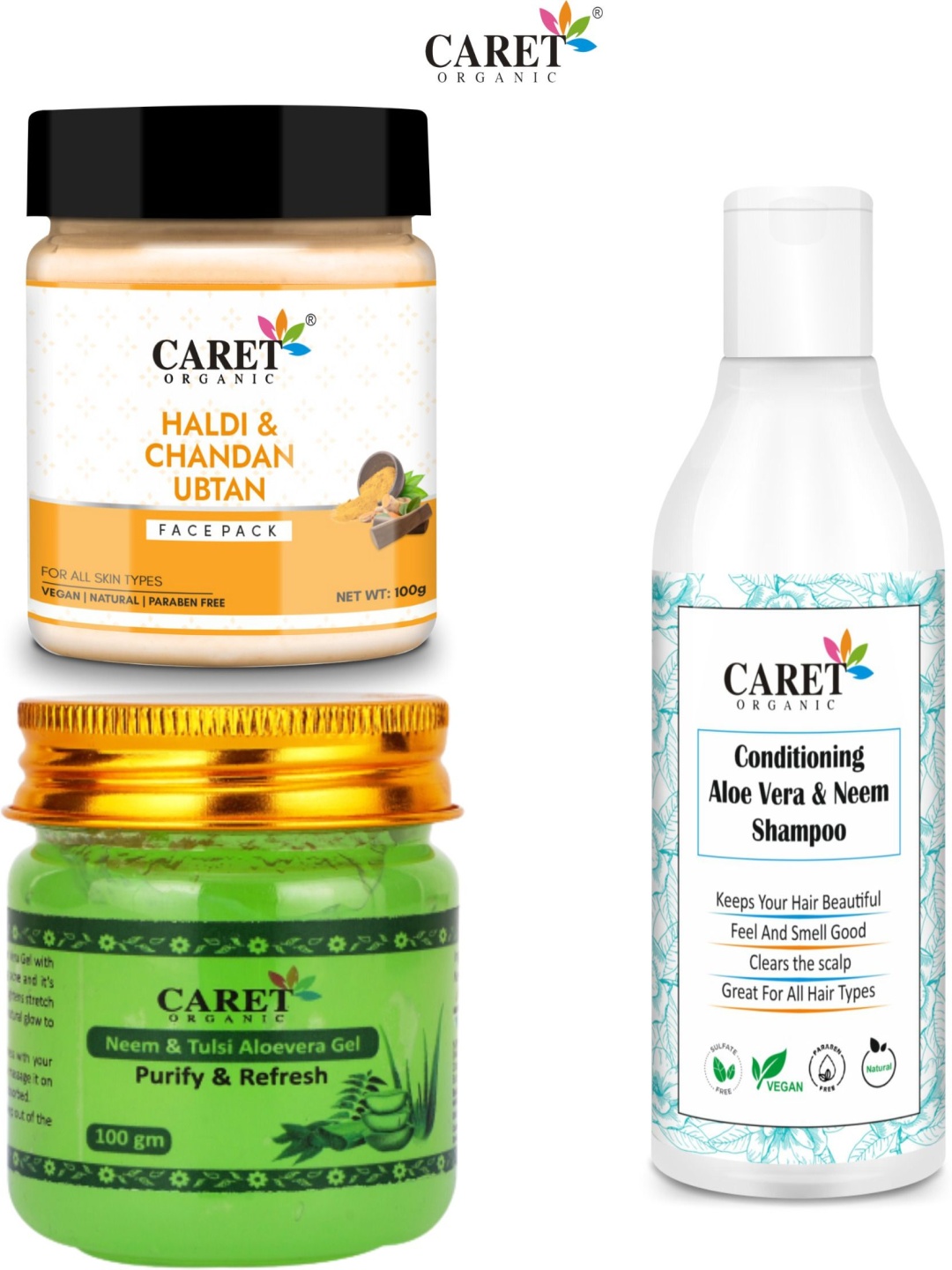 

CARET ORGANIC Set Of 3 Ubtan Face Pack 100 g, Tulsi Gel - 100 g & Neem Shampoo - 250 ml, White