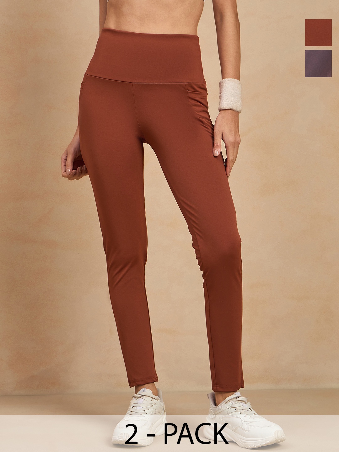 

COLOR CAPITAL Women Pack of 2 Skin Fit Antimicrobial Sports Tights, Coffee brown