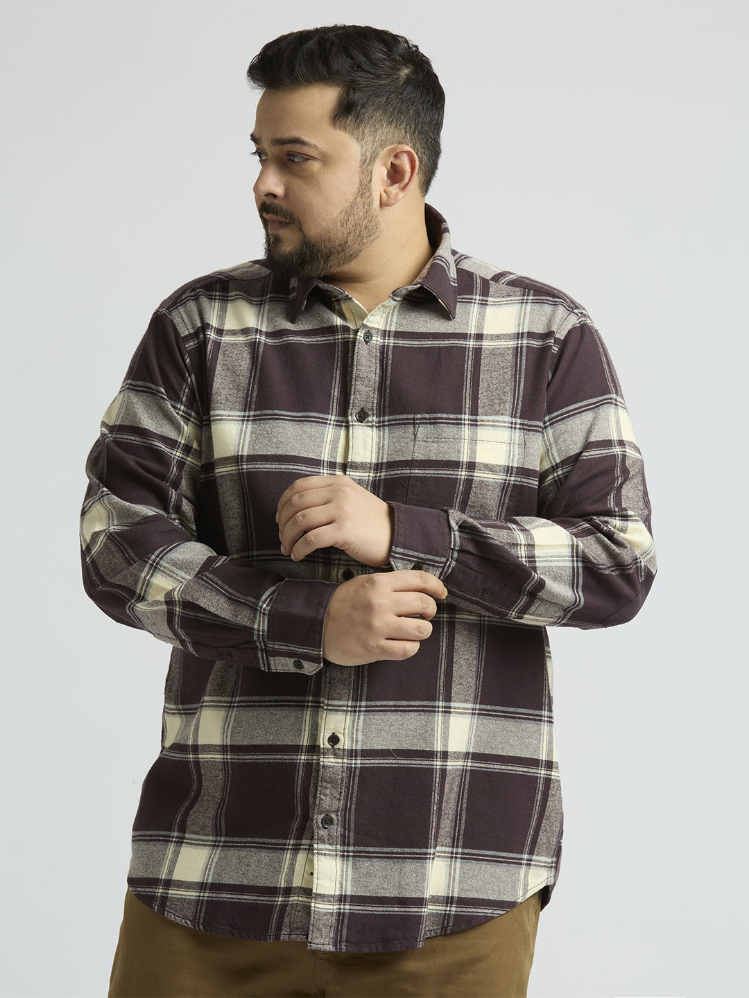 

Sizeupp Men Plus Size Standard Oversized Fit Tartan Checked Cotton Formal Shirt, Brown