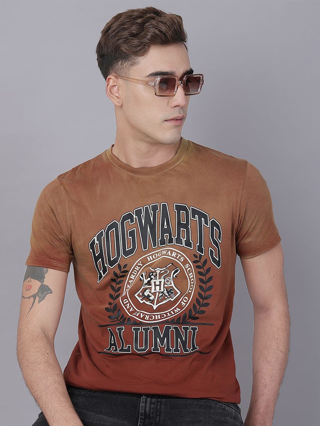 

Free Authority Men Graphic Printed Round Neck Cotton T-shirt, Brown