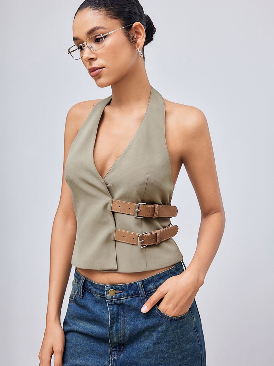 

LULU & SKY Women Wrap Crop Top, Khaki