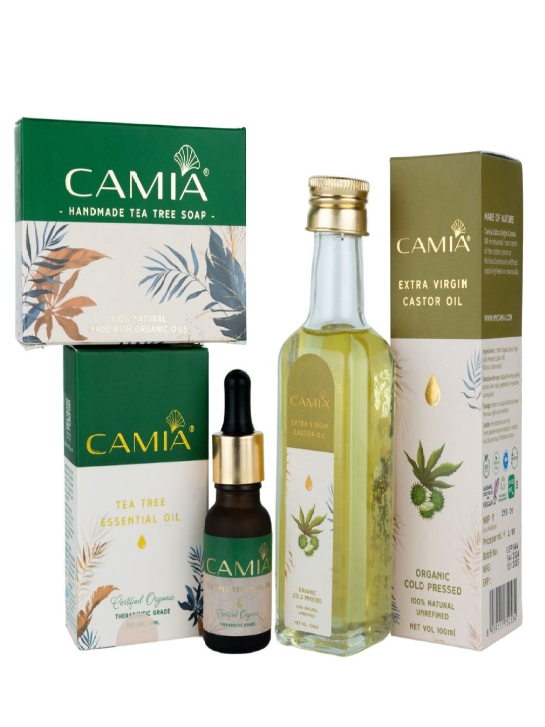 

CAMIA Set Of 3 Tea Tree Essential Oil -15 ml, Castor Oil -100 ml & Tea Tree Soap -125 g, White