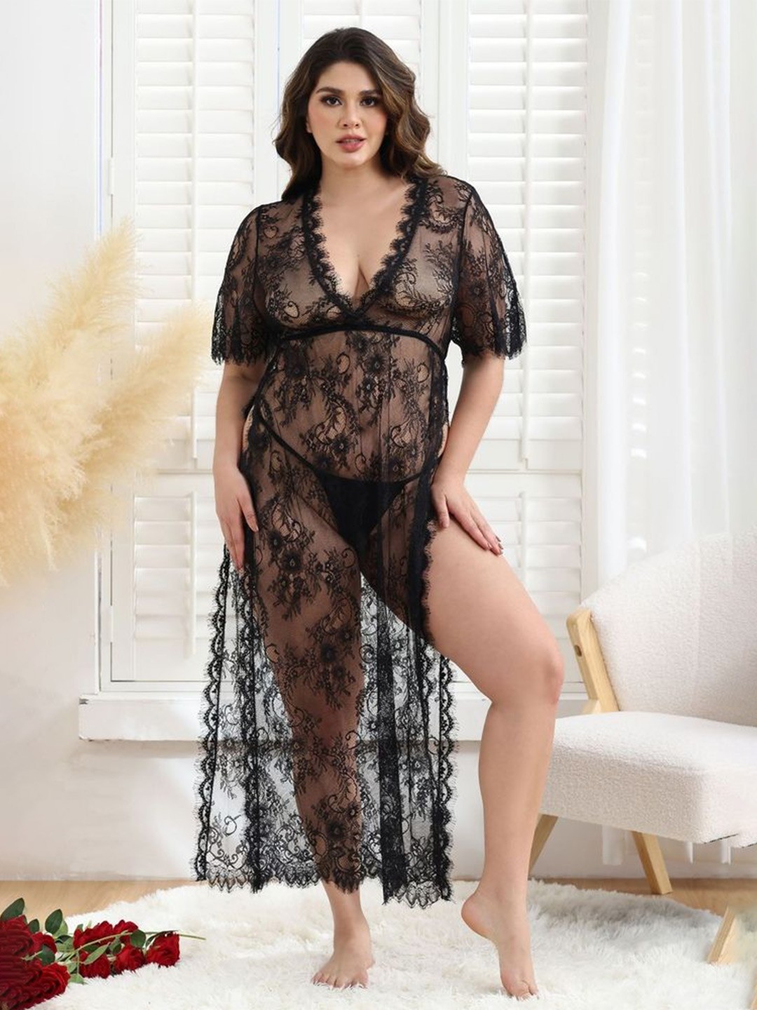 

LULU & SKY Women Floral Lace Plus Size Nightdress, Black