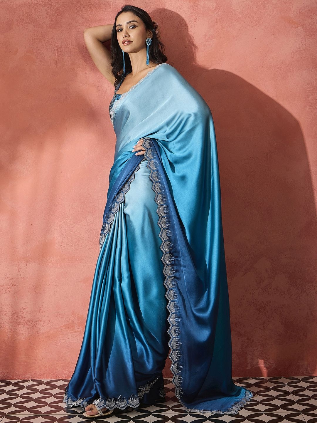 

Sangria Ombre Embellished Saree With Beads and Stones Details, Blue