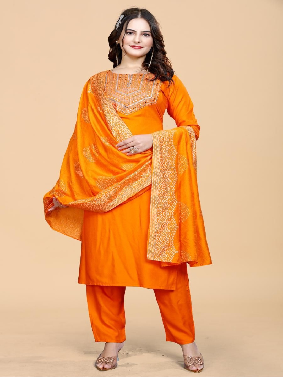 

FVD Women Ethnic Motifs Embroidered Regular Kurta with Salwar & With Dupatta, Orange