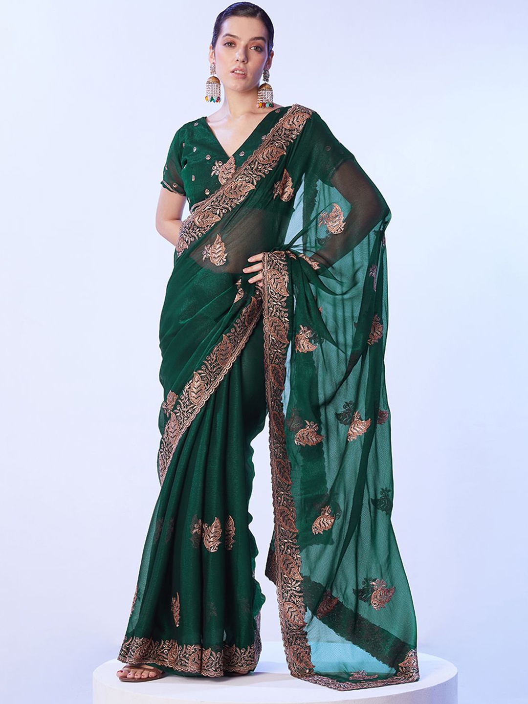 

Kalista Floral Embroidered Sequinned Pure Chiffon Saree, Green