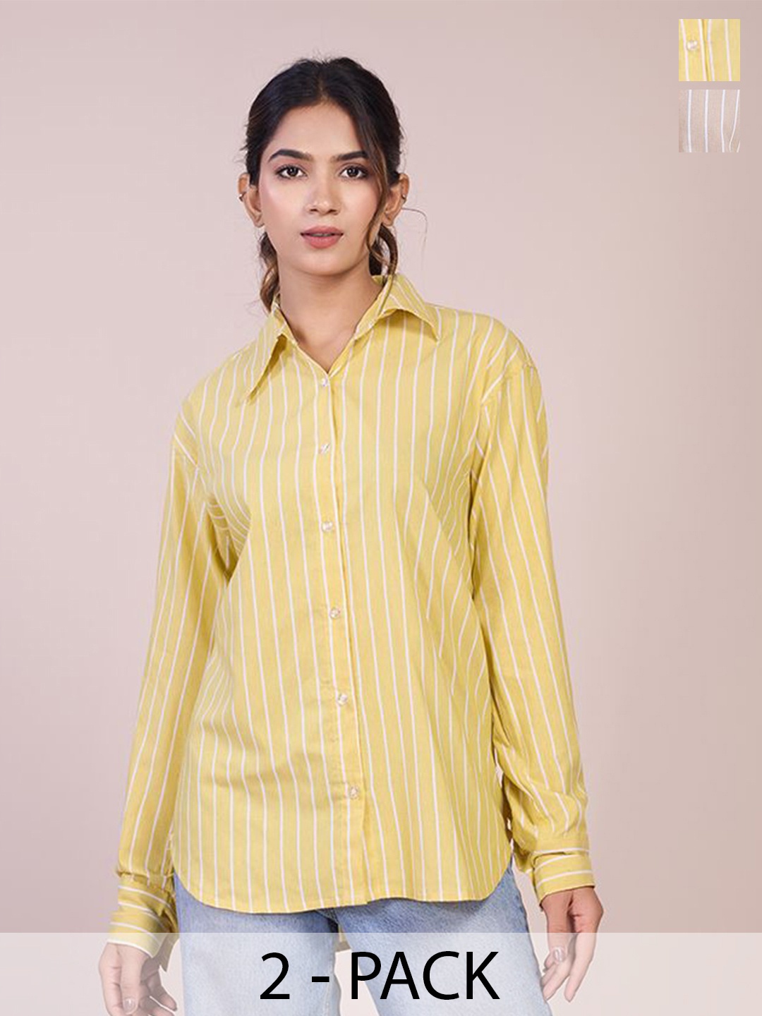 

HOUSE OF MIRA Women Pack Of 2 Classic Oversized Fit Vertical Striped Cotton Casual Shirts, Yellow