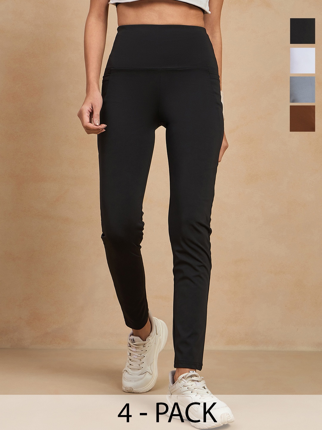 

COLOR CAPITAL Women Pack of 4 Skinny Fit Antimicrobial Ankle Length Gym Tights, Black