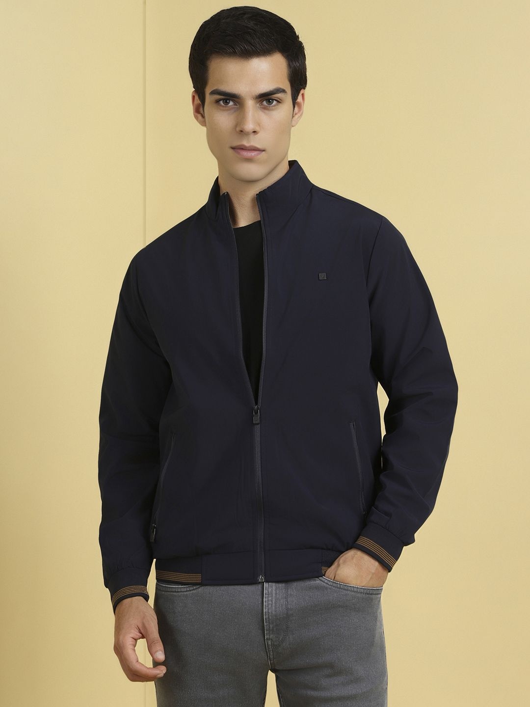 

Allen Solly Men Stand Collar Solid Casual Bomber Jacket, Navy blue