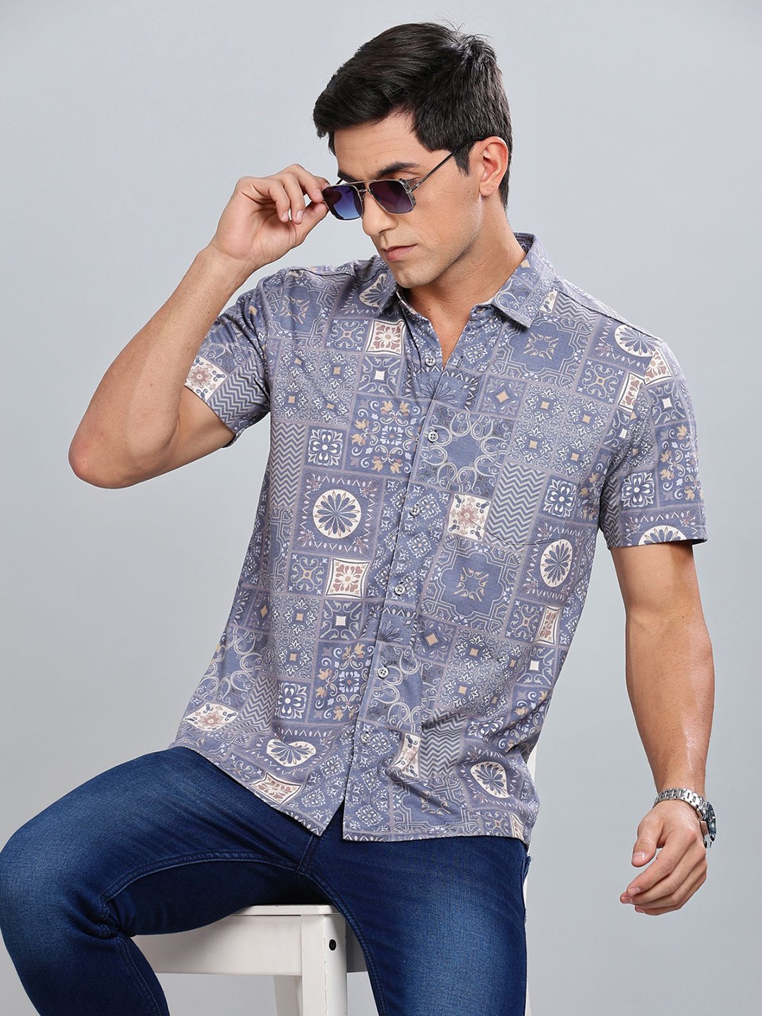 

BULLMER Men Standard Opaque Printed Casual Shirt, Blue