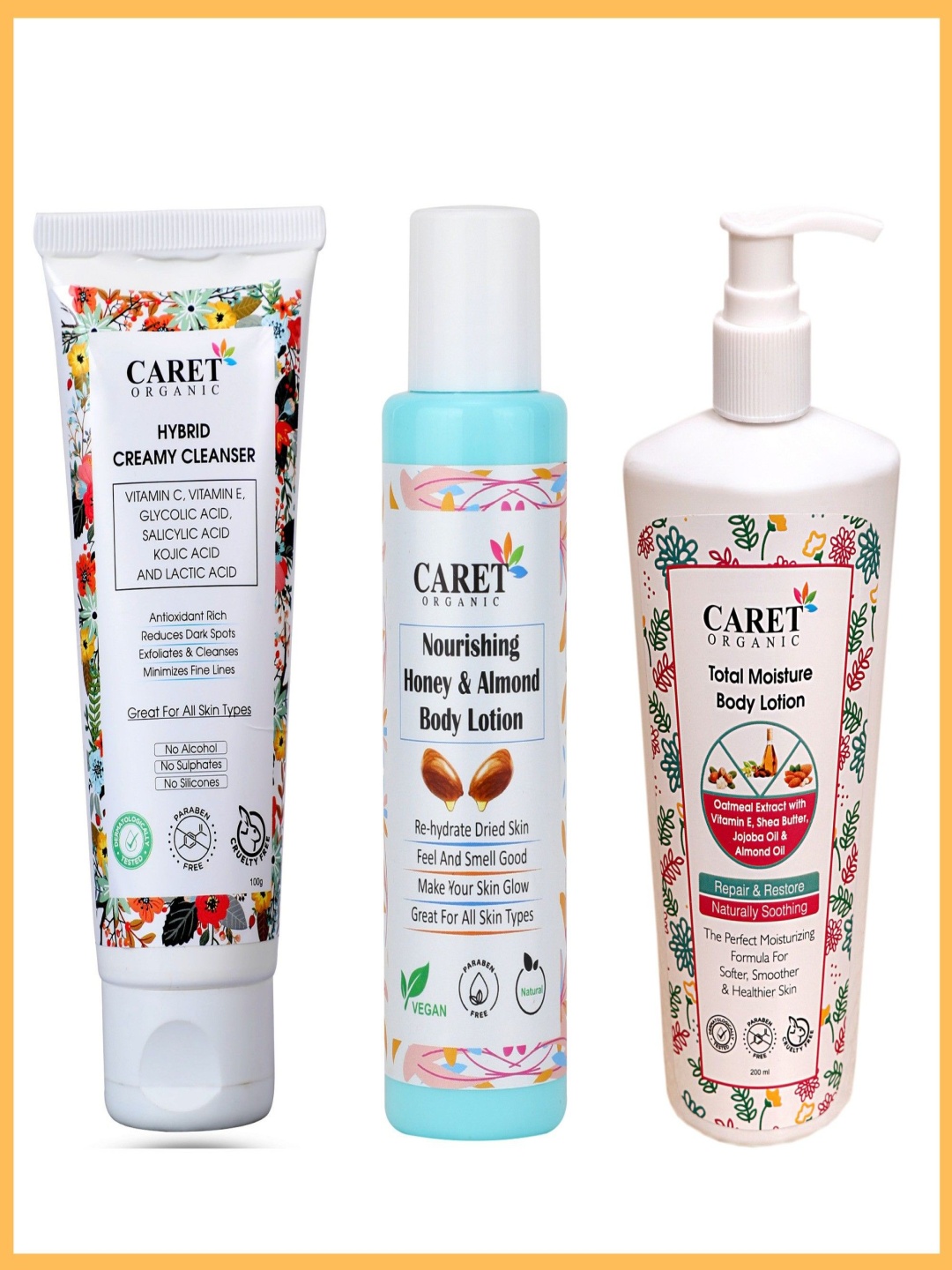 

CARET ORGANIC 3Pcs Hybrid Creamy Cleanser With Honey Almond & Total Moisture Body Lotion, White