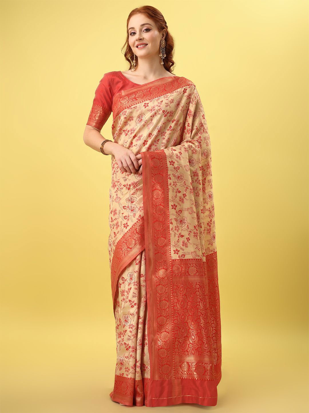 

F FASHION Woven Design Zari Banarasi Saree, Red