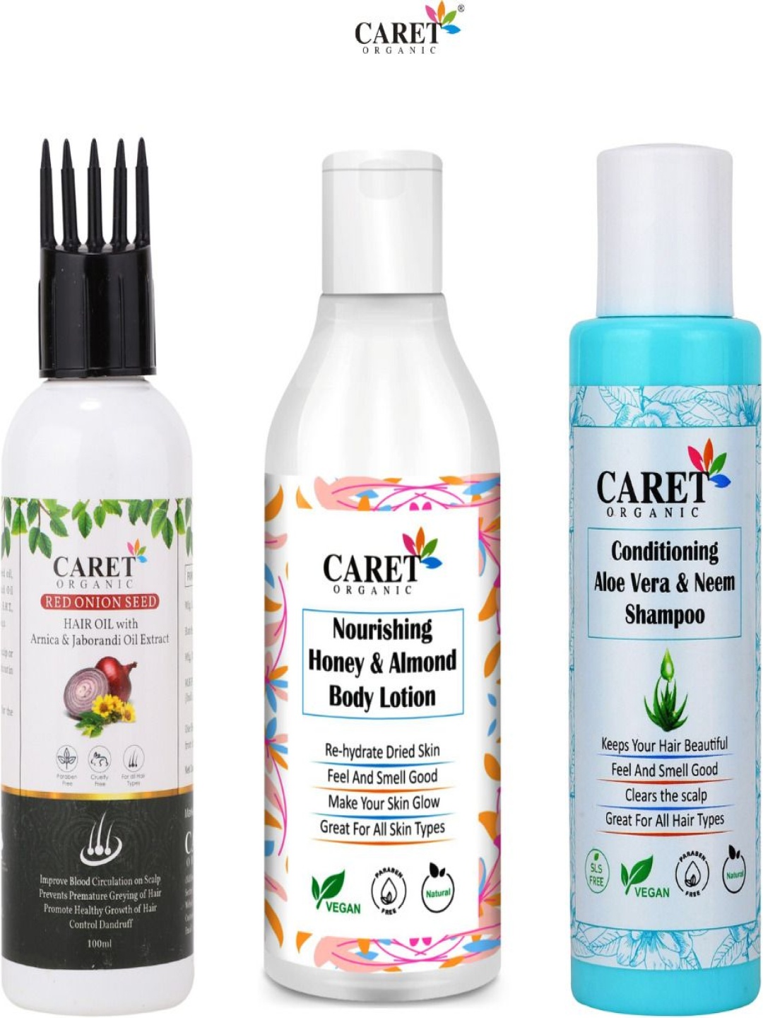 

CARET ORGANIC Set Of 3 Honey & Almond Lotion, Aloevera Shampoo & Red Onion Hair Oil, Multi