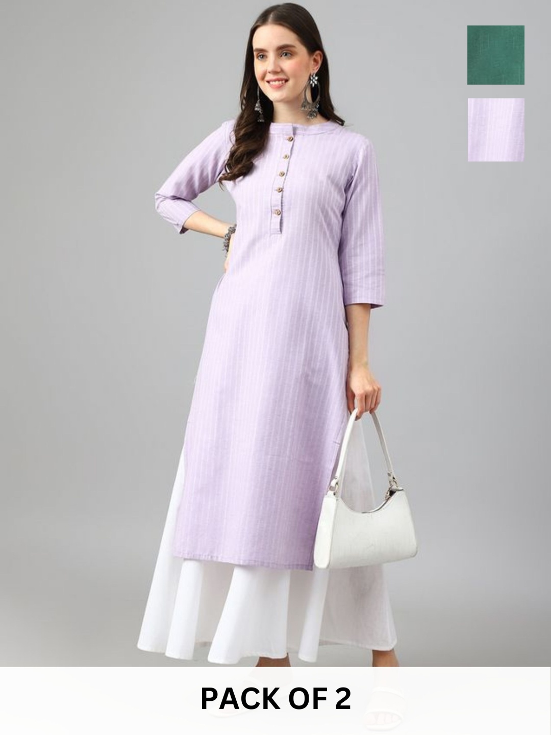

KALINI Selection Of 2 Striped Round Neck Straight Kurtas, Lavender