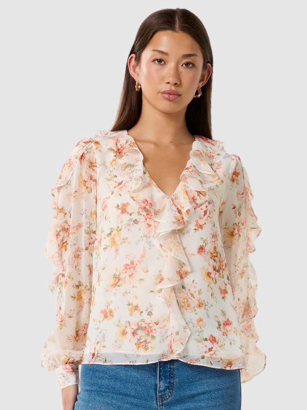 

Forever New Women Floral Printed Bishop Sleeves Ruffles Blouson Top, White