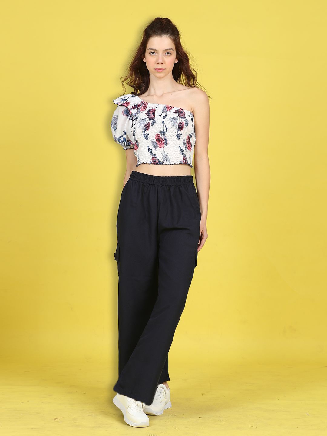 

Cutiekins Floral Printed Cotton One Shoulder Crop Top With Trousers Co-Ords, Off white