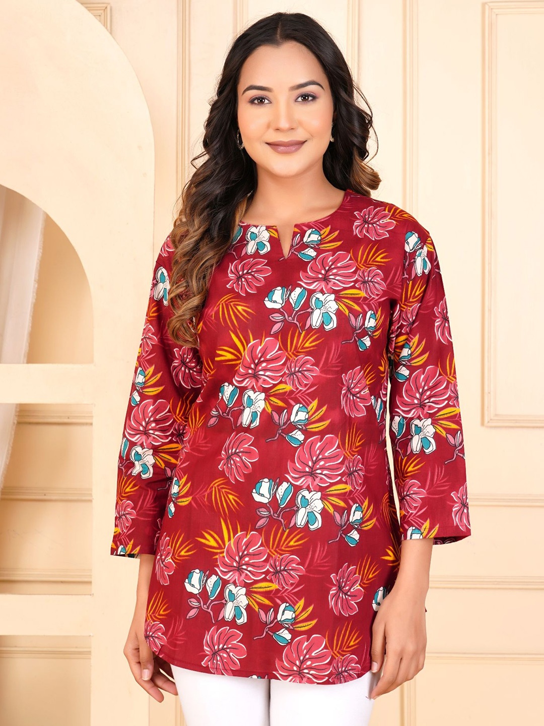 

FebQ Floral Print Cotton Top, Maroon
