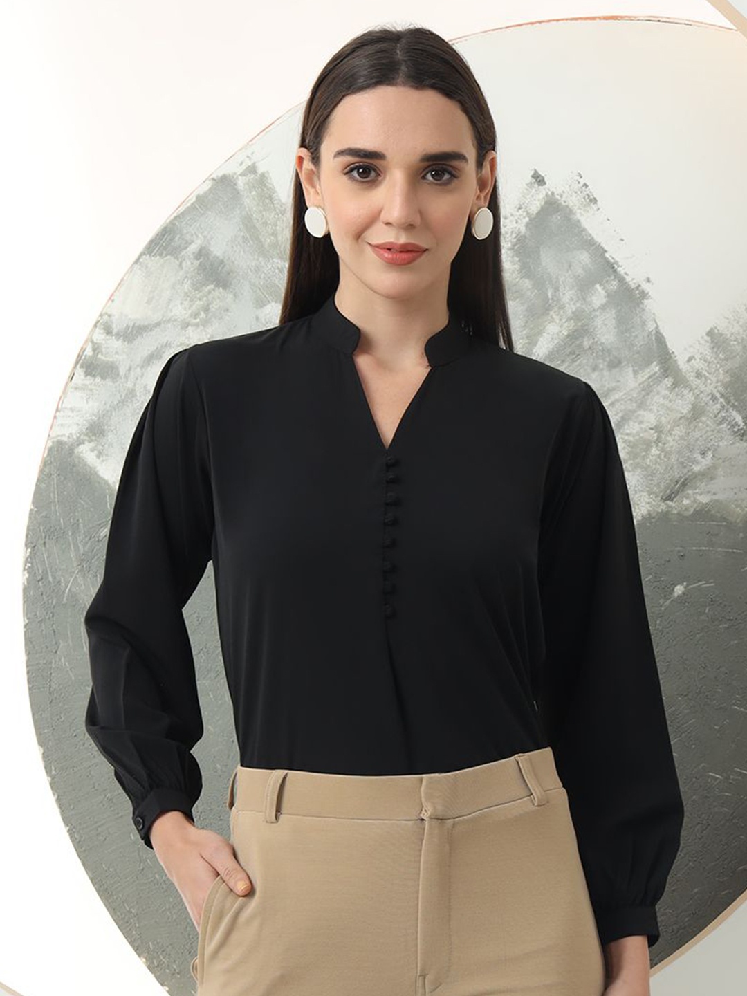 

FITHUB Women Mandarin Collar Top, Black