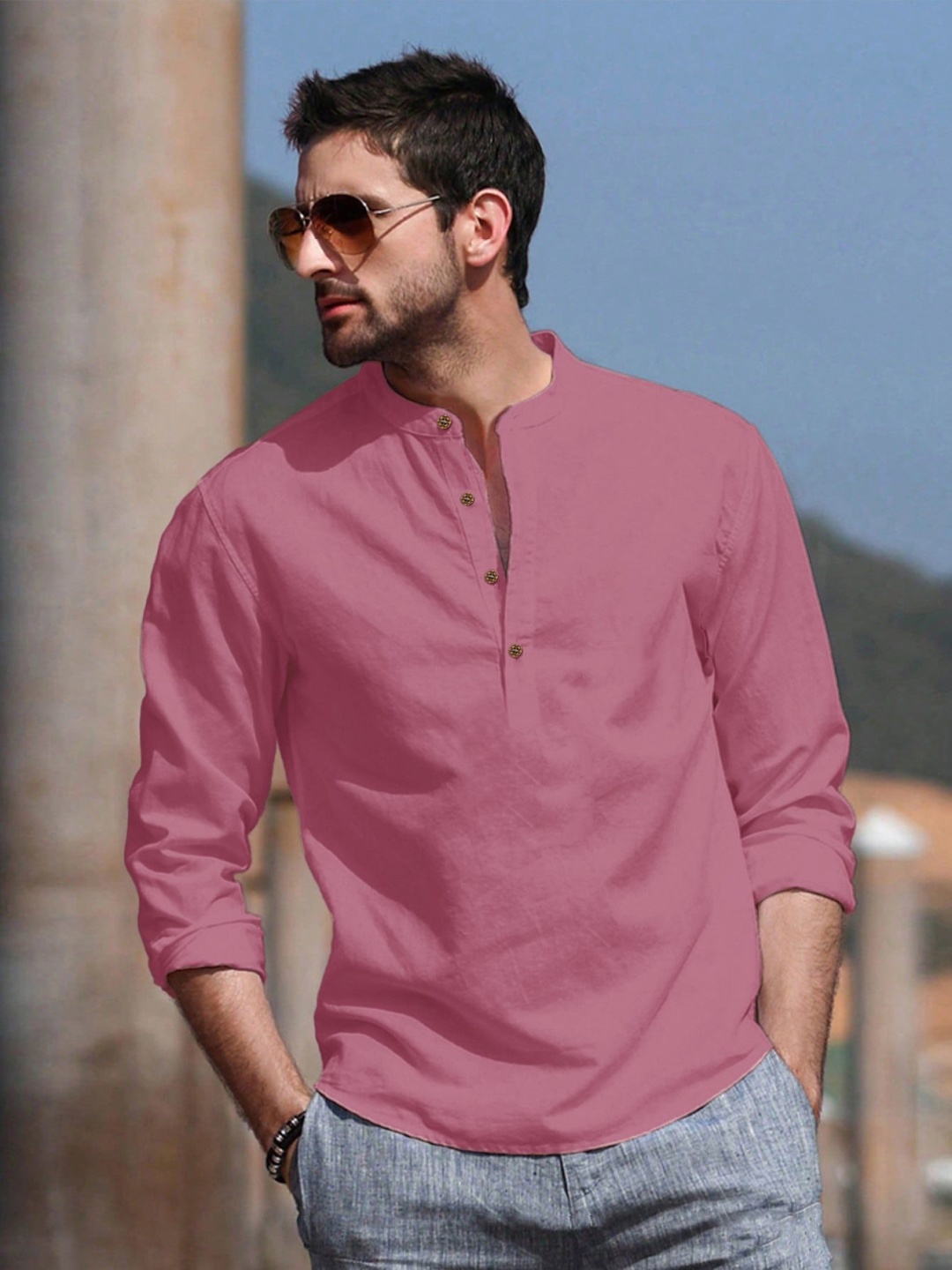 

Anouk Pink Mandarin Collar Pure Cotton Straight Short Kurta