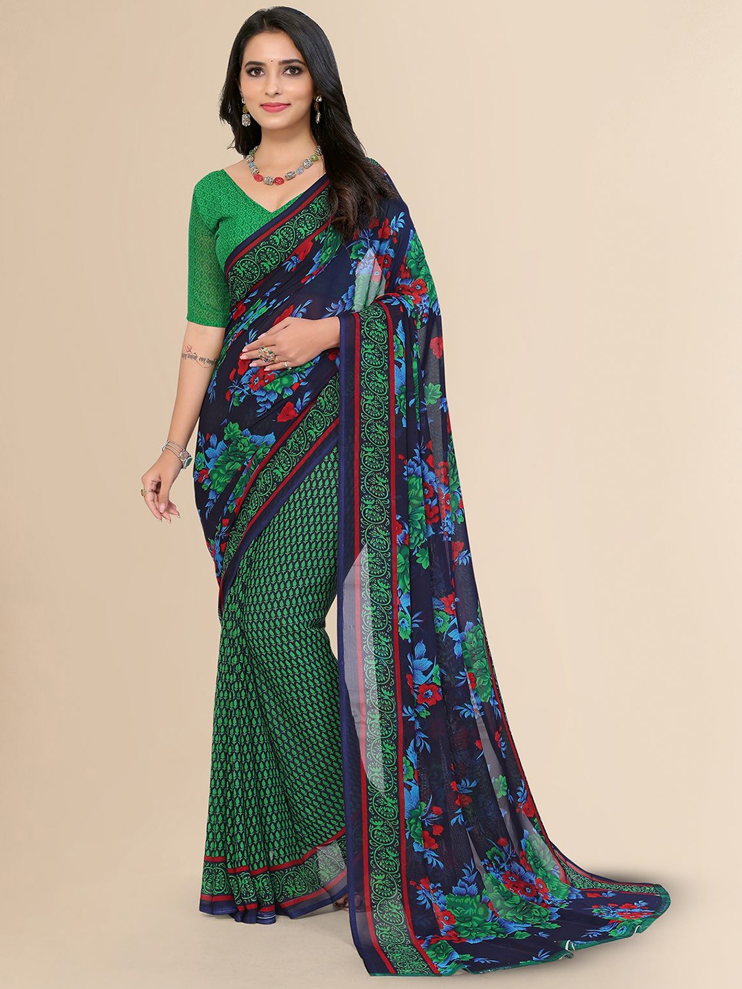 

Moda Rapido Floral Printed Saree, Green