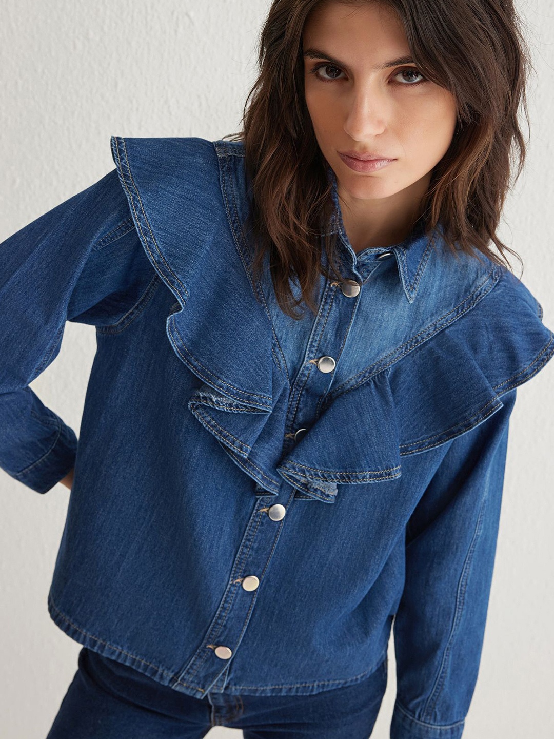

Trendyol Women Spread Collar Solid Cotton Casual Shirt, Blue