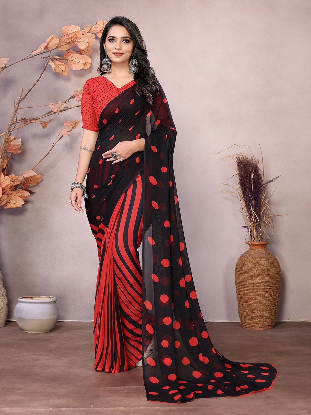 

Moda Rapido Polka Dot Poly Georgette Saree, Red