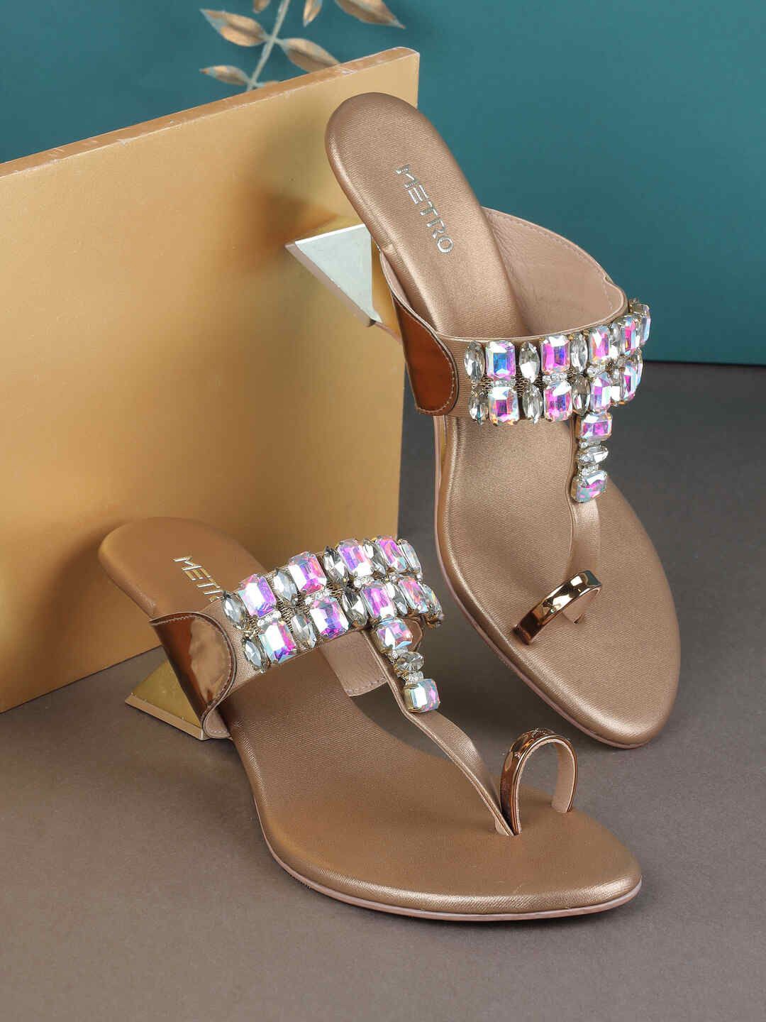 

Metro Women Embellished Block Sandals, Gold