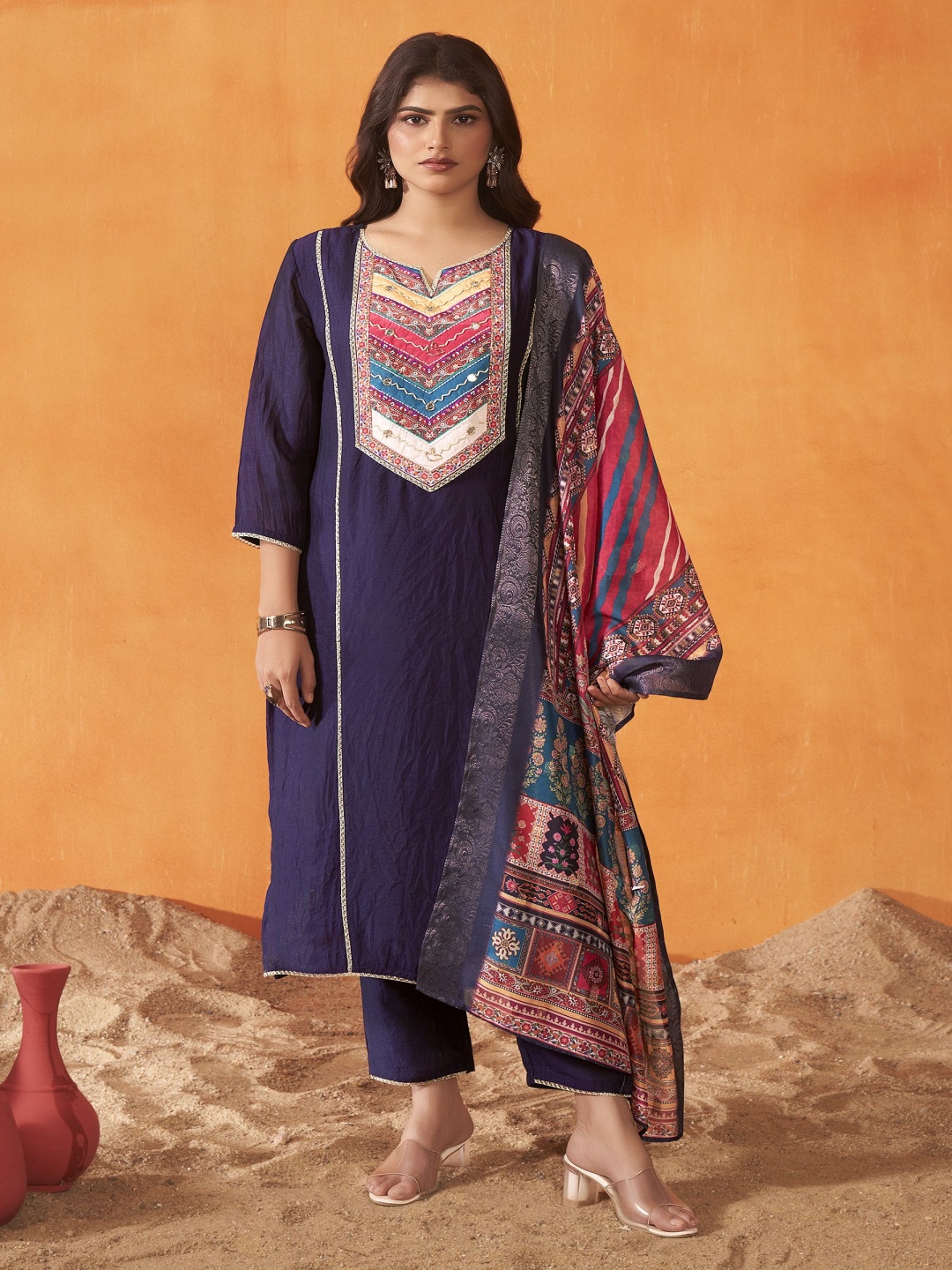 

Anouk Purple Yoke Design Notch Neck Straight Kurta With Trousers & Dupatta