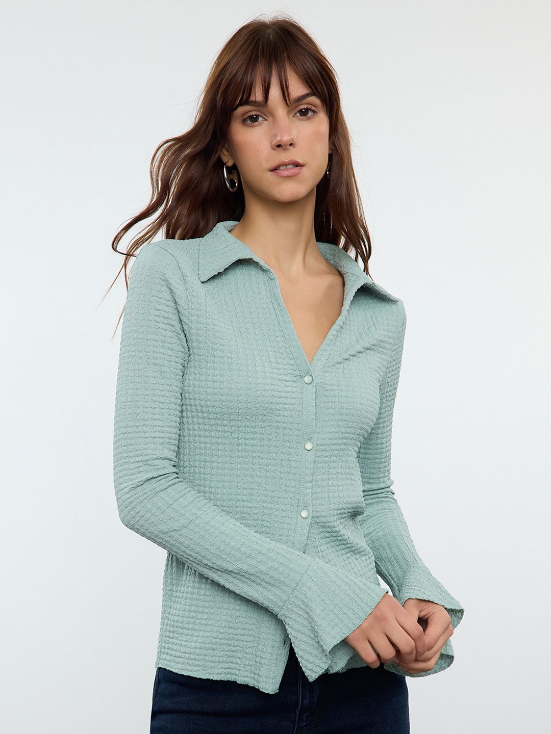 

Trendyol Women Spread Collar Textured Casual Shirt, Sea green