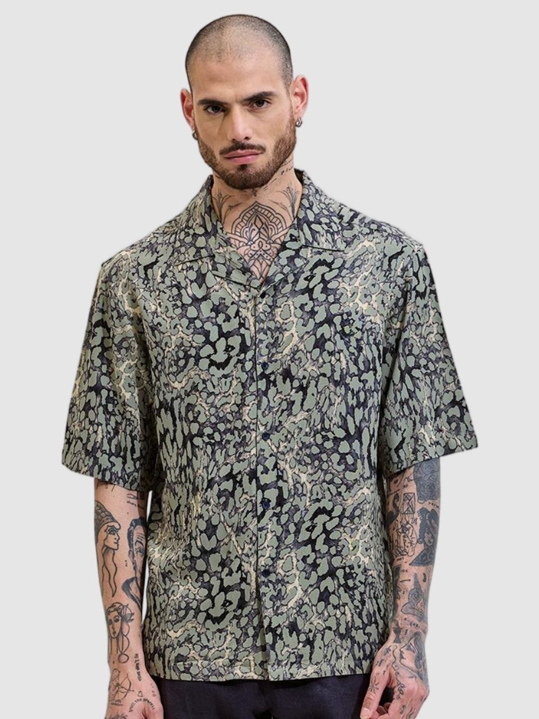 

Snitch Men Relaxed Oversized Fit Cuban Collar Abstract Printed Casual Shirt, Green