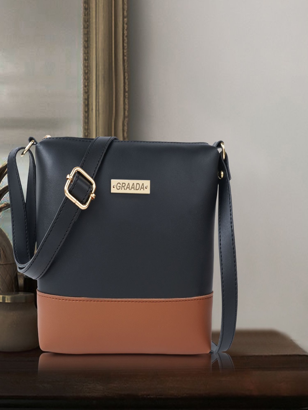 

GRAADA Women Colourblocked Crossbody Leather Sling Bag, Black