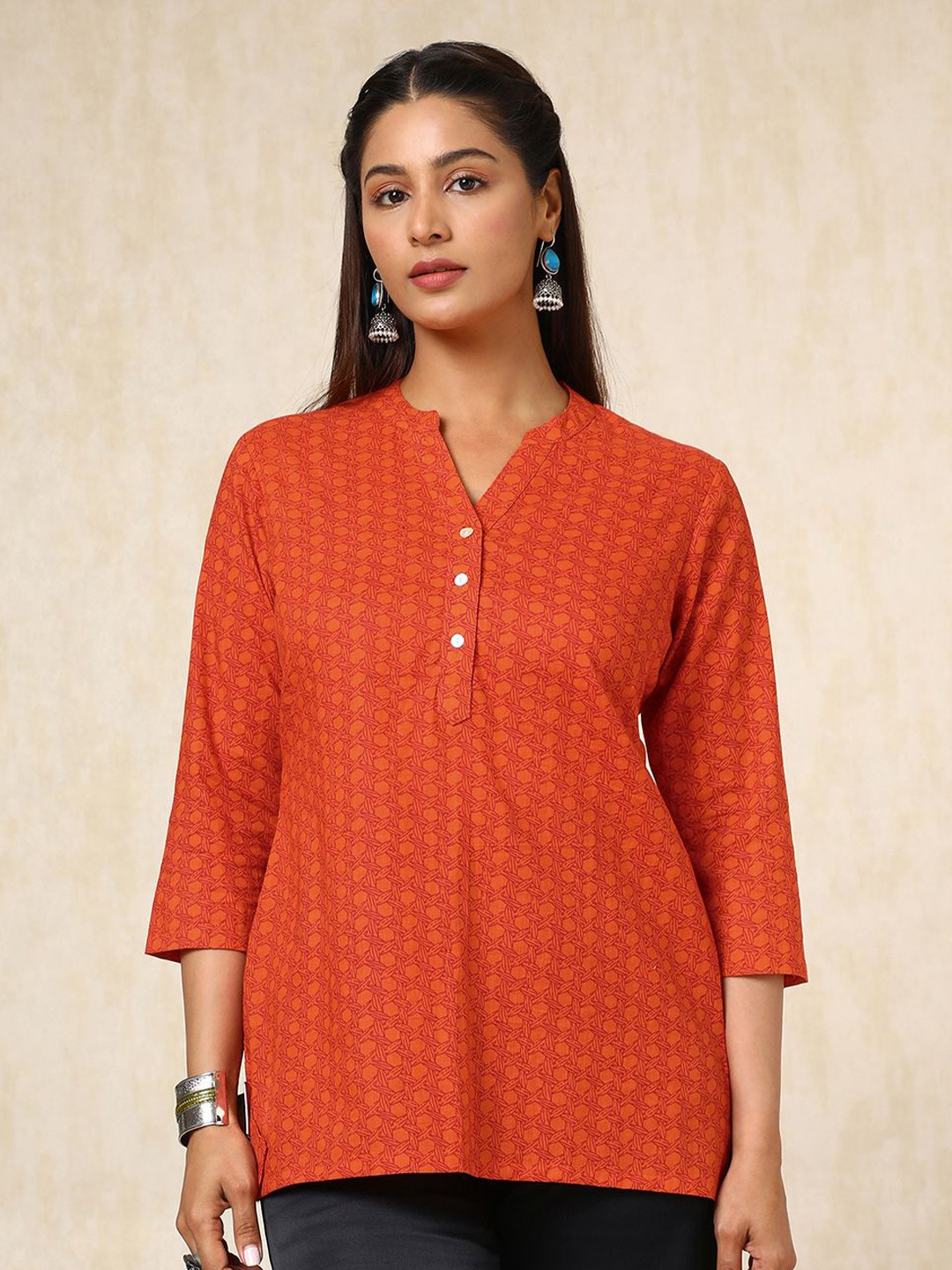 

Soch Printed Mandarin Collar Cotton Tunic, Orange