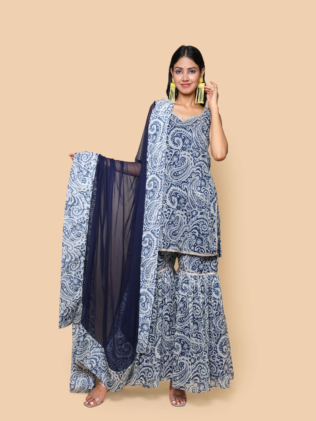 

KELLPAR Women Floral Printed Regular Silk Chiffon Kurti with Sharara & With Dupatta, Blue