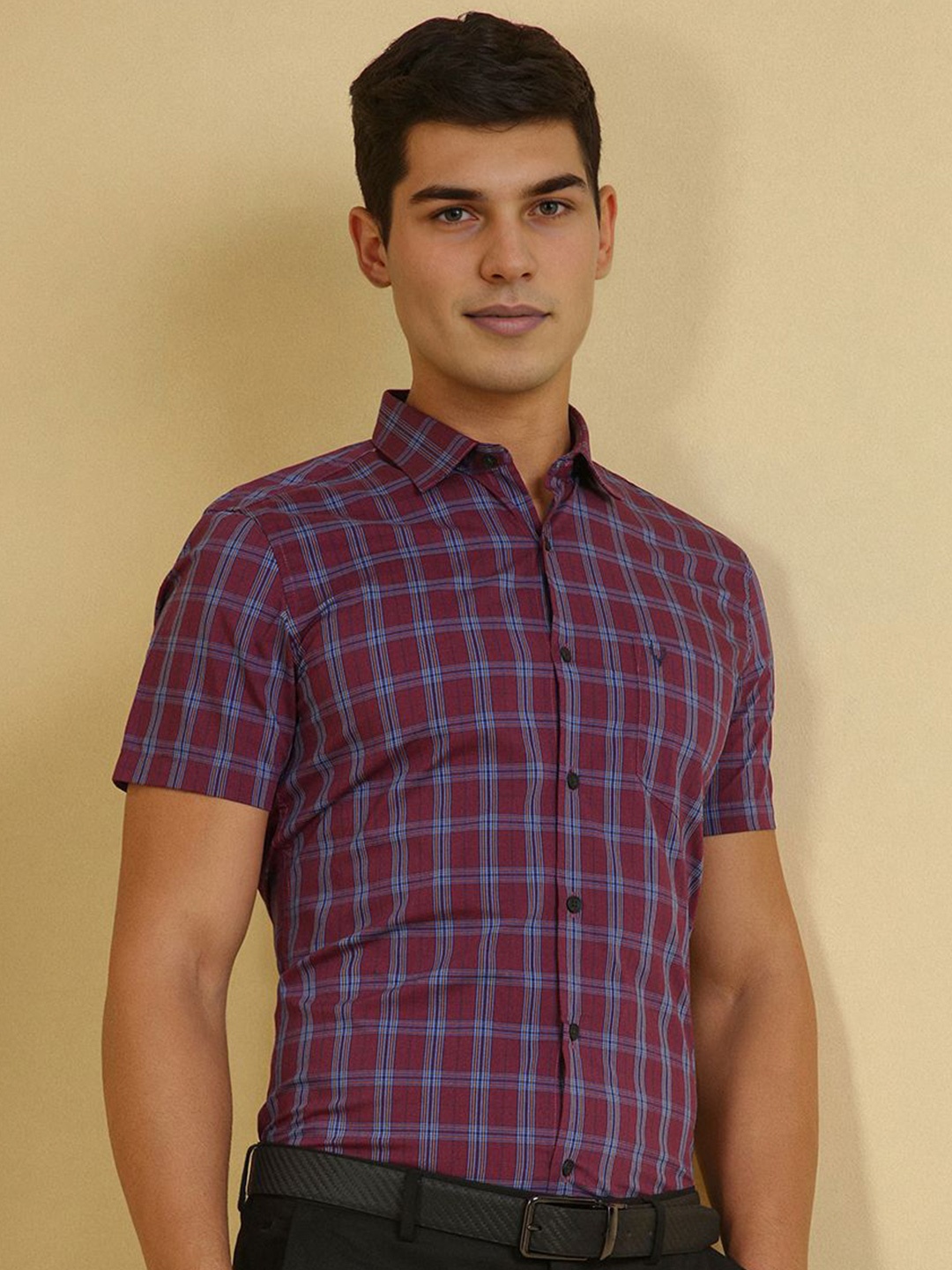 

Allen Solly Men Slim Fit Spread Collar Checked Cotton Formal Shirt, Burgundy