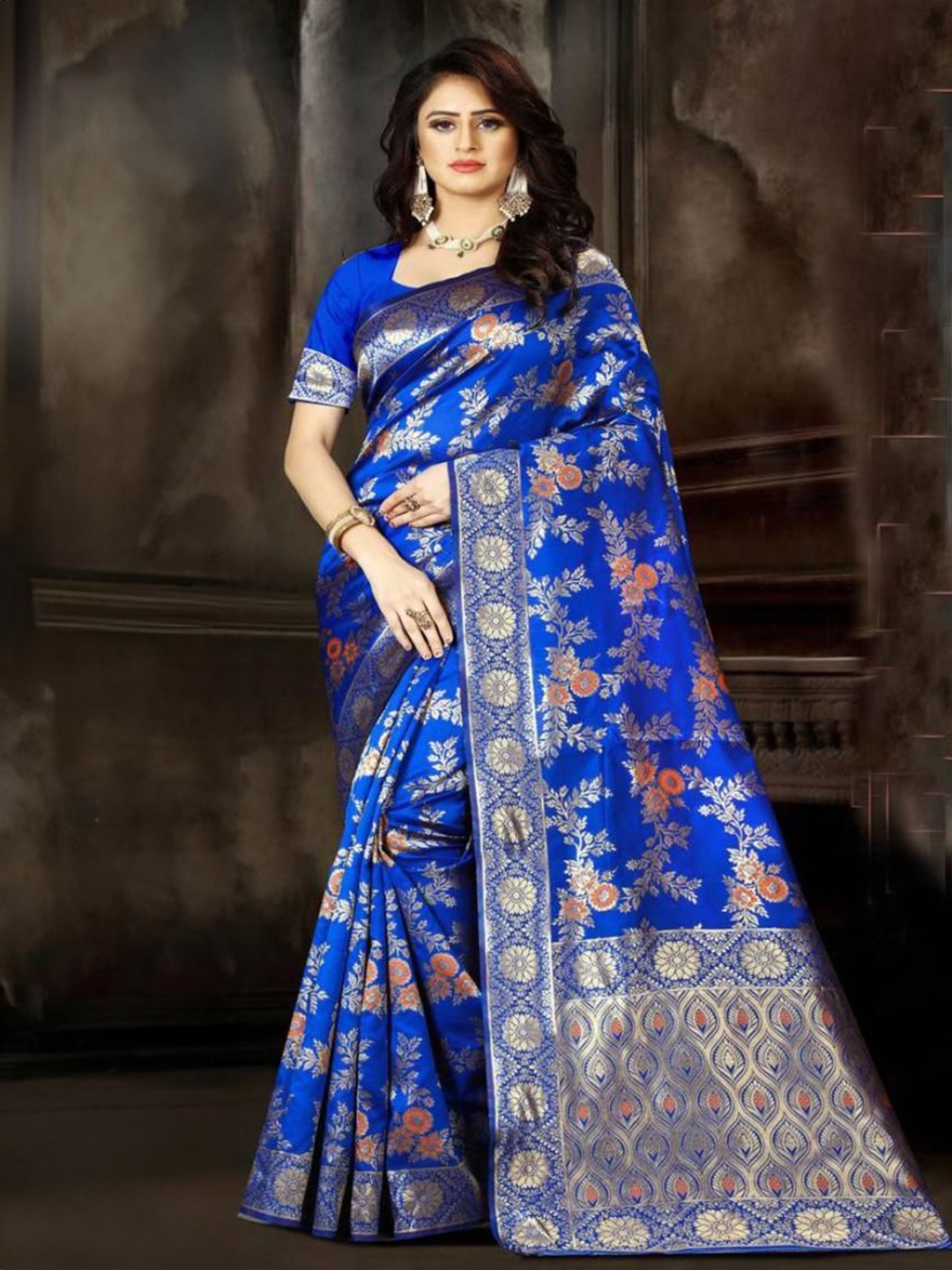 

F FASHION Woven Design Floral Zari Banarasi Saree, Blue
