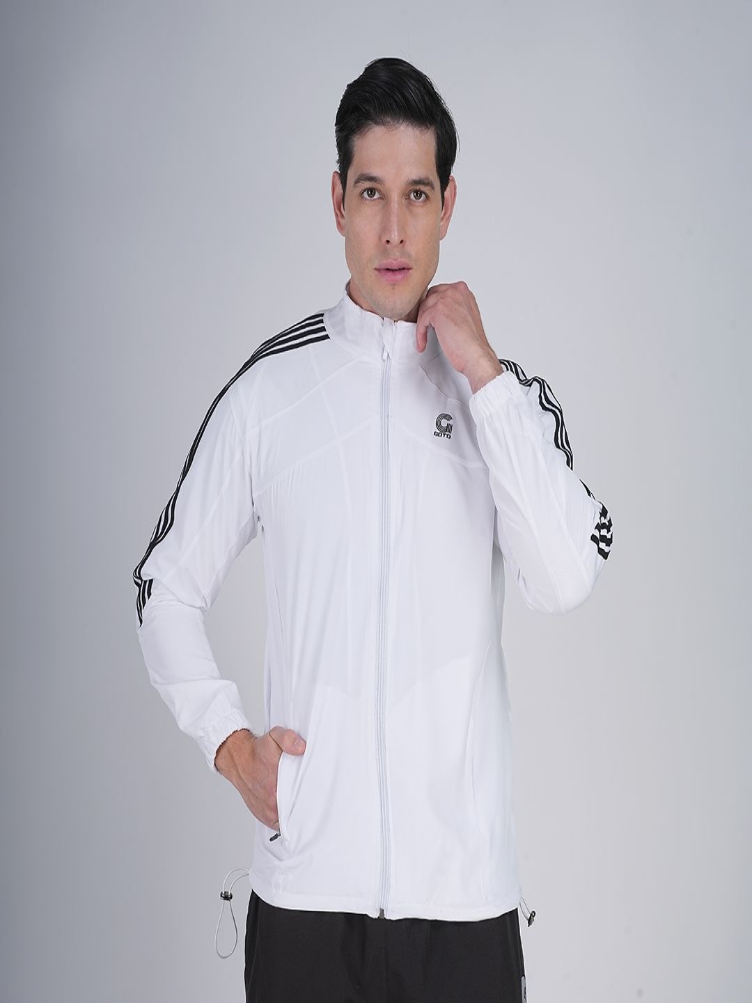 

GOTO Men Mock Collar Striped Casual Lightweight Bomber Jacket, White