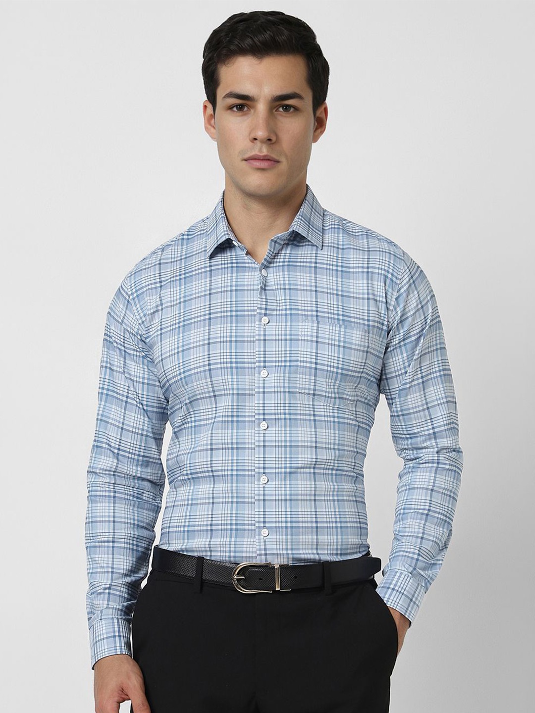 

Van Heusen Men Slim Fit Spread Collar Tartan Checked Cotton Formal Shirt, Blue