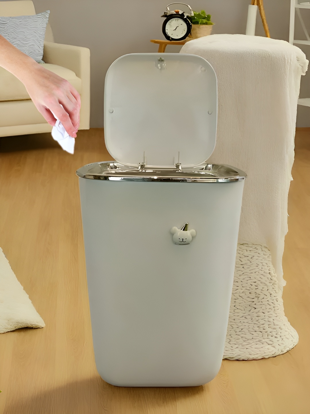 

DecorTwist White Pressing Trash Can Dustbin With Lid For Home, Grey