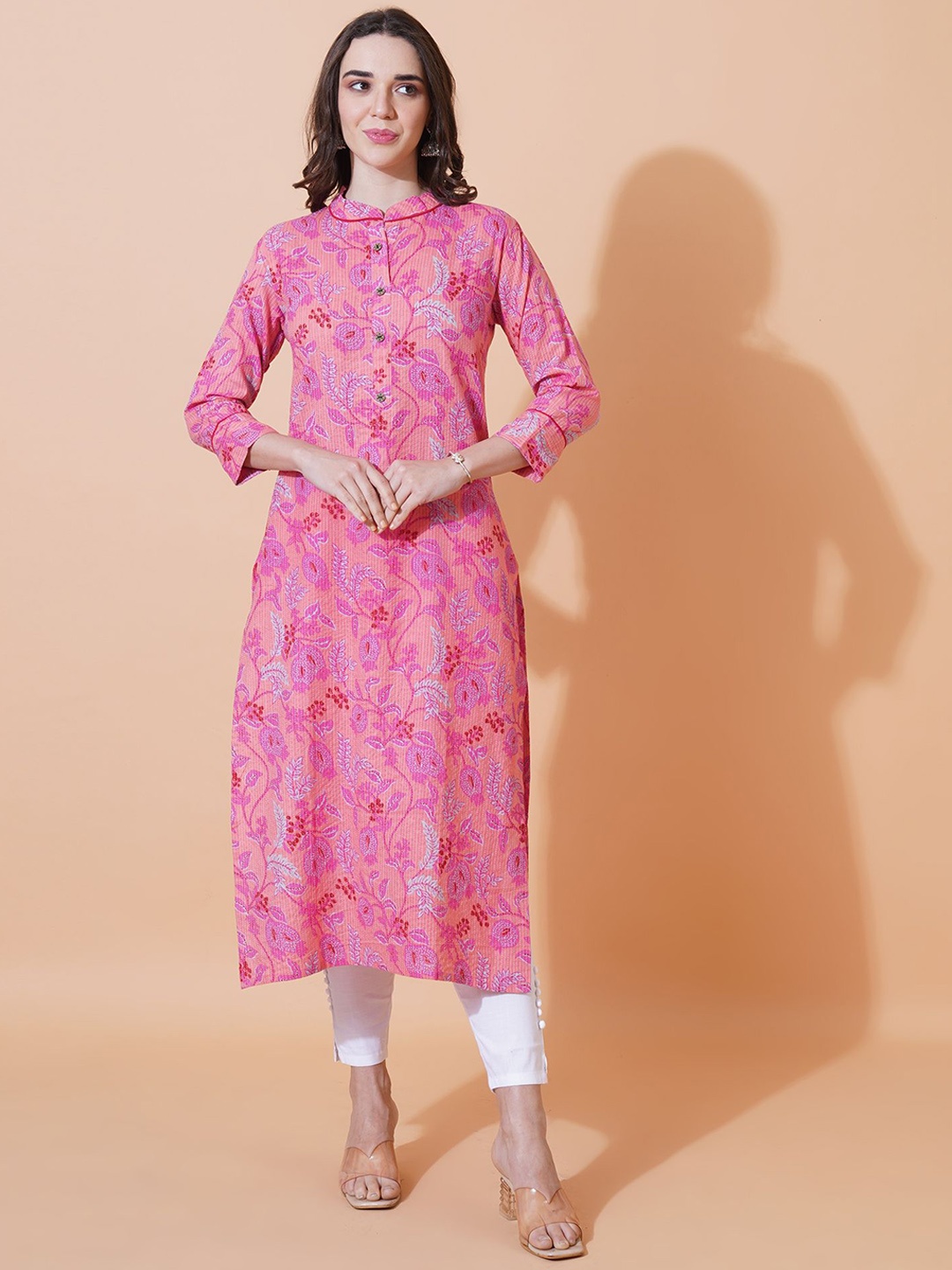 

FebQ Floral Printed Mandarin Collar Thread Work Pure Cotton Kurta, Pink