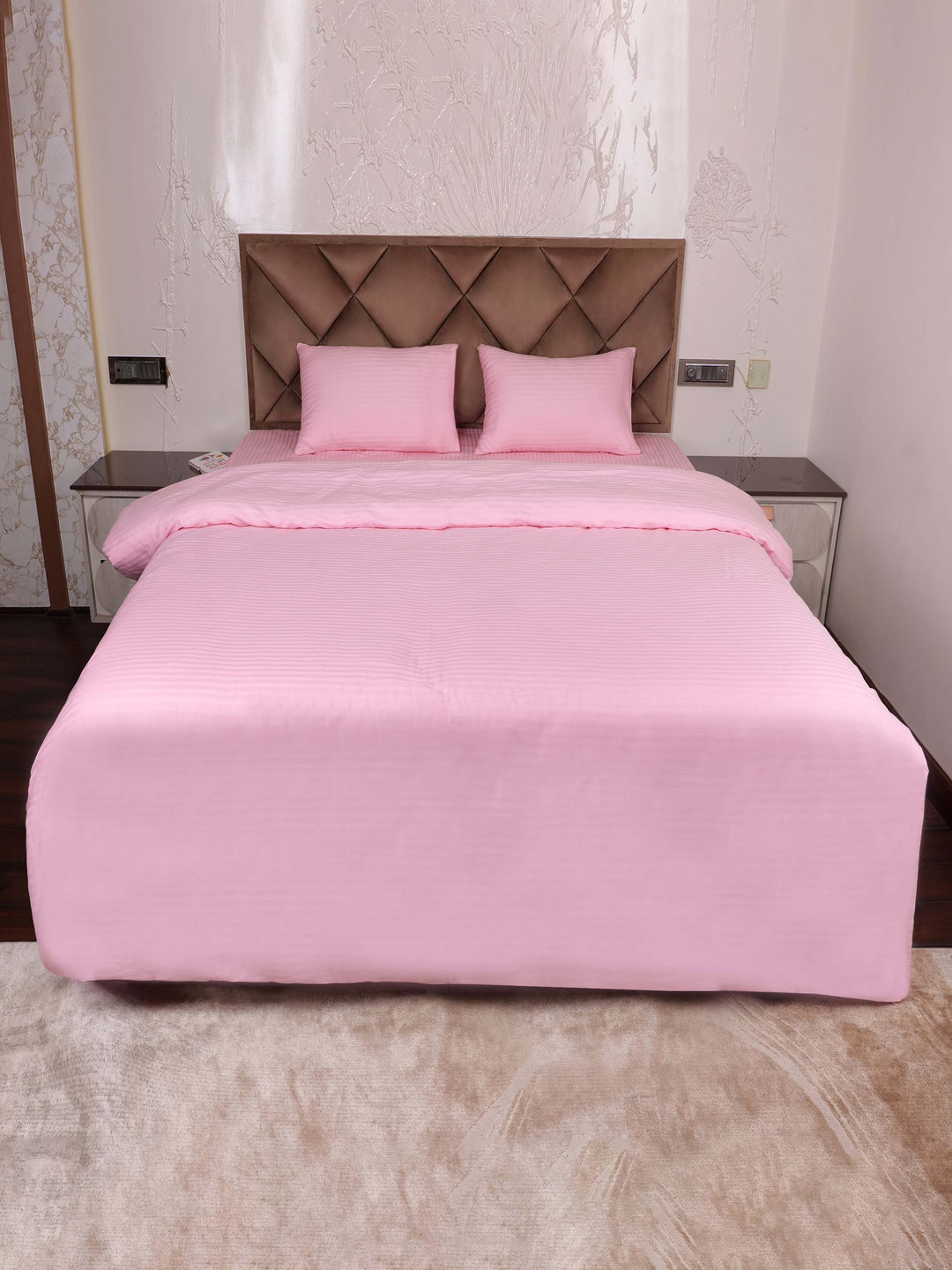

AJISH Pink Striped Pure Cotton 310 TC King Size Duvet Cover With 2 PIllow Covers
