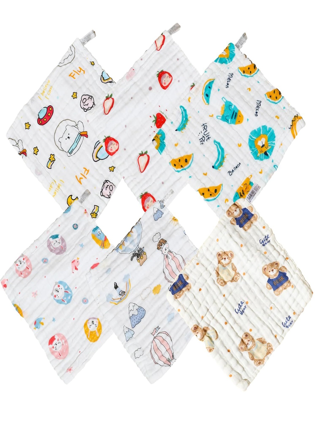 

The Little Lookers Kids Pack Of 6 Printed Cotton Face Towels, White