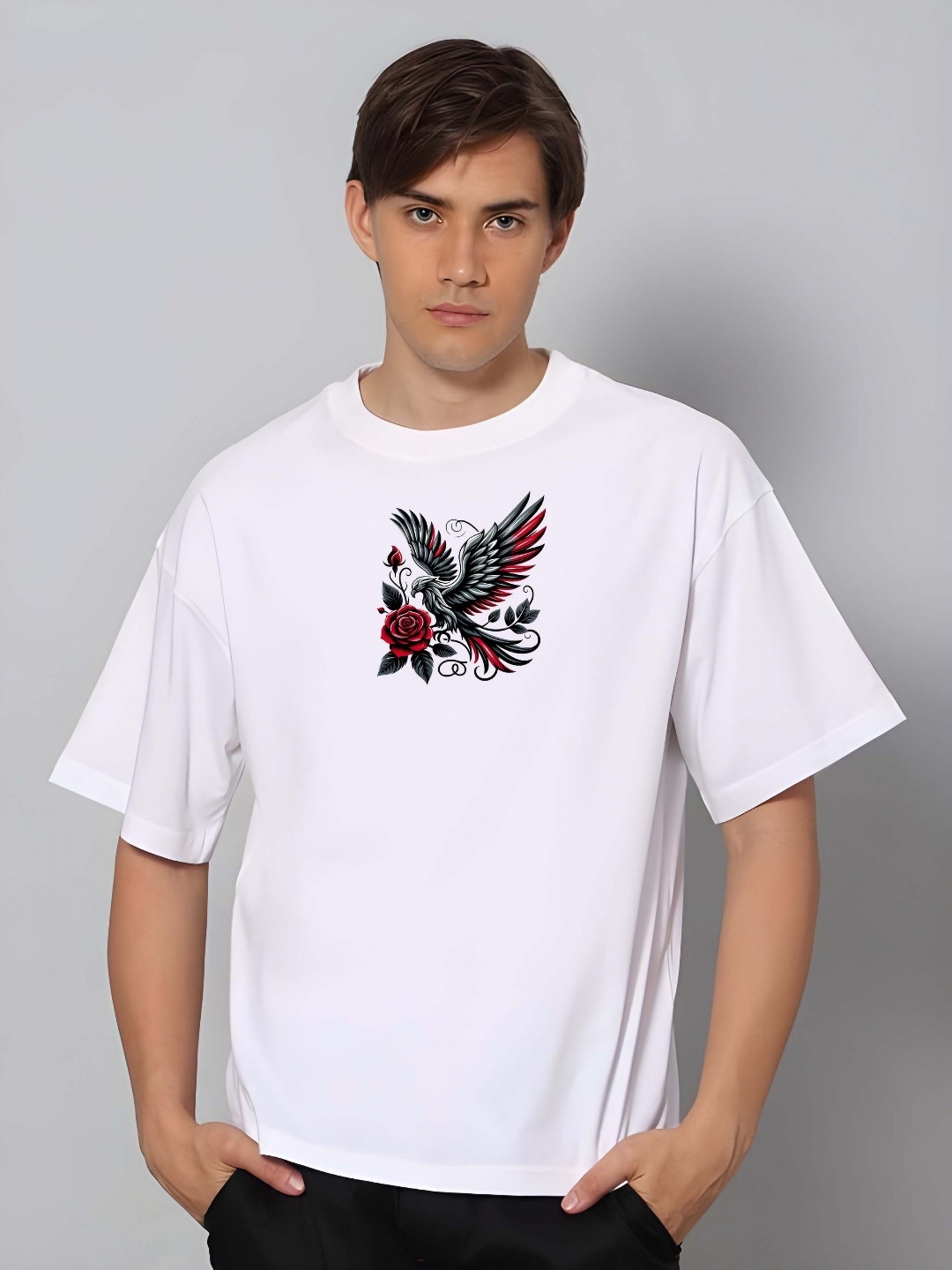

Krimmple Men Graphic Printed Round Neck Pure Cotton Oversized T-shirt, White