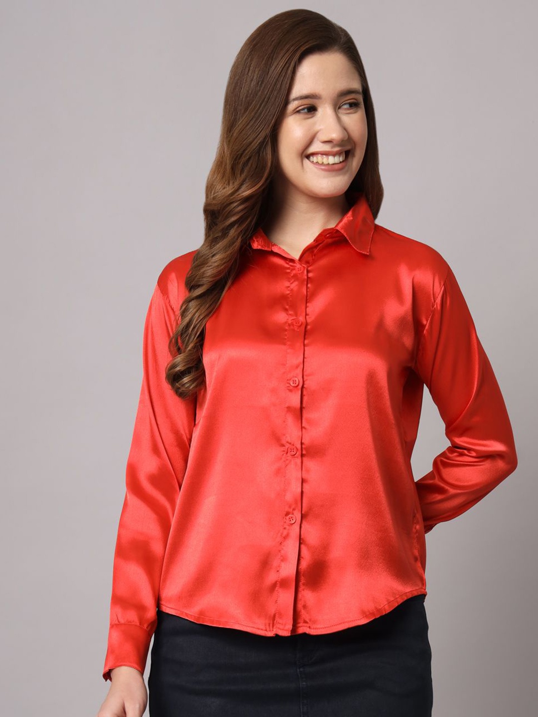 

Funday Fashion Women Spread Collar Solid Satin Formal Shirt, Red